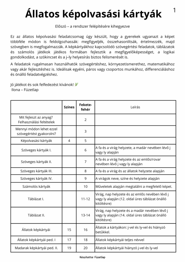 J–LY állatok és madarak – képolvasó feladatlapcsomag (PDF)