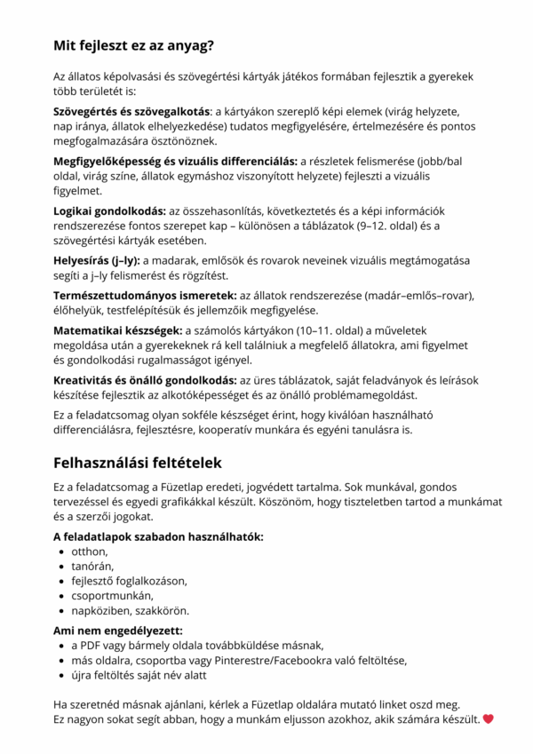 J–LY állatok és madarak – képolvasó feladatlapcsomag (PDF)