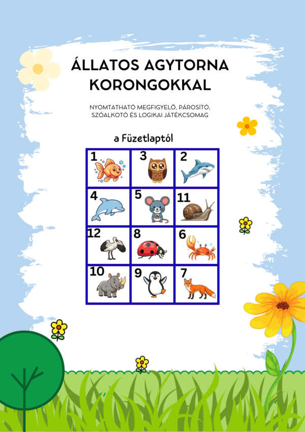 Állatos agytorna korongokkal - nyomtatható játékcsomag